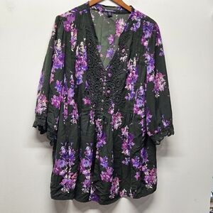 Roaman's Plus Size Floral Tunic Top Crochet Lace V-Neck 3/4 Sleeve Boho Blouse